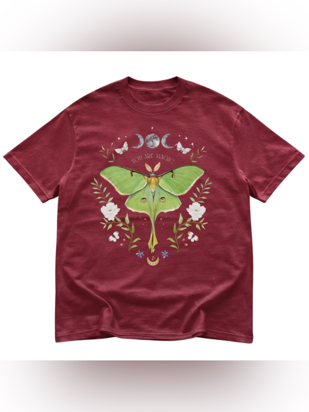 Green Luna Moth Graphic Tee in antiquecherry red